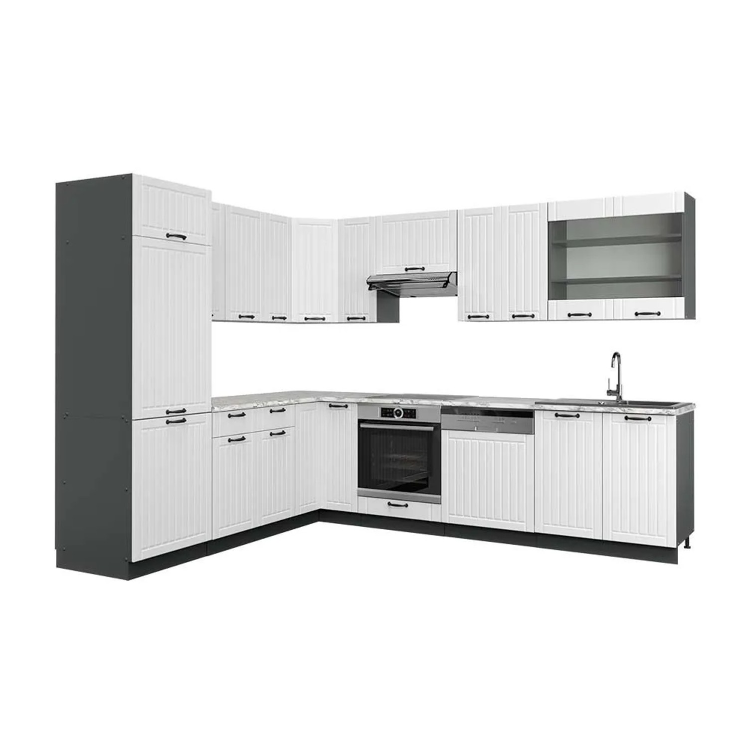 Vicco Eckküche Fame-Line Weiß Landhaus/Anthrazit 287 x 82, AP Marmor