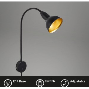 Schwarze Briloner Bettleuchte Hygge mit goldenem Lampenschirm und flexiblem Arm.