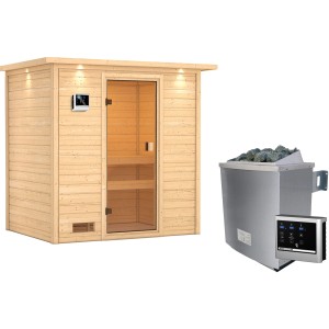 Woodfeeling Sauna Selena mit 9 kW Ofen und LED-Dachkranz. Massivholzsauna mit bronzierter Glastür und externer Steuerung.