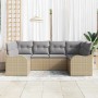 Beiges 6-teiliges vidaXL Garten-Sofa-Set aus Poly Rattan mit grauen Kissen.