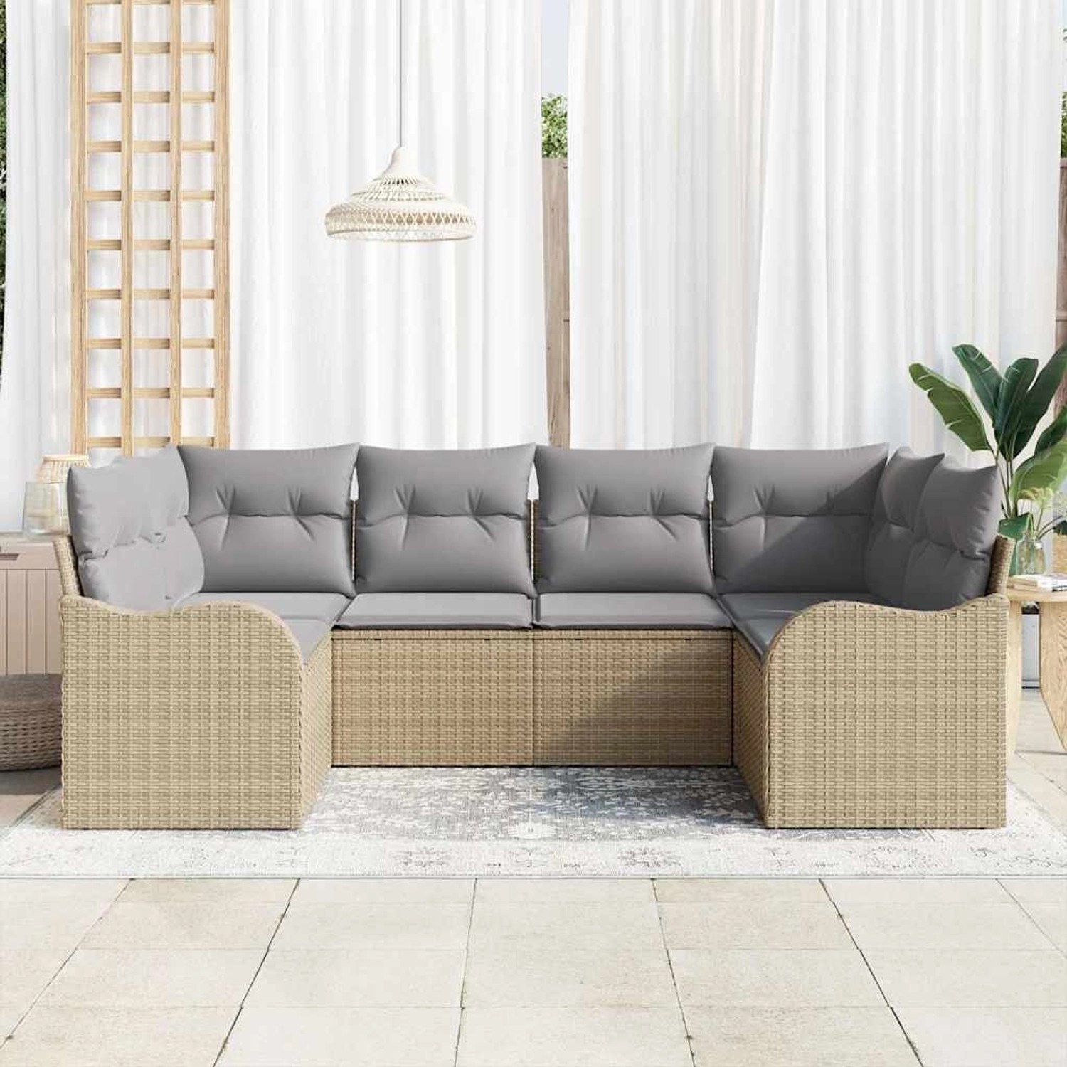 Beiges 6-teiliges vidaXL Garten-Sofa-Set aus Poly Rattan mit grauen Kissen.