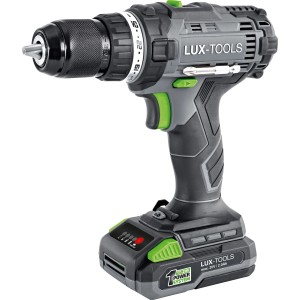 LUX Akku-Bohrschrauber aus dem 3in1 Maschinenset, grau/grün, mit Akku. Ideal für Schraub- und Bohrarbeiten.
