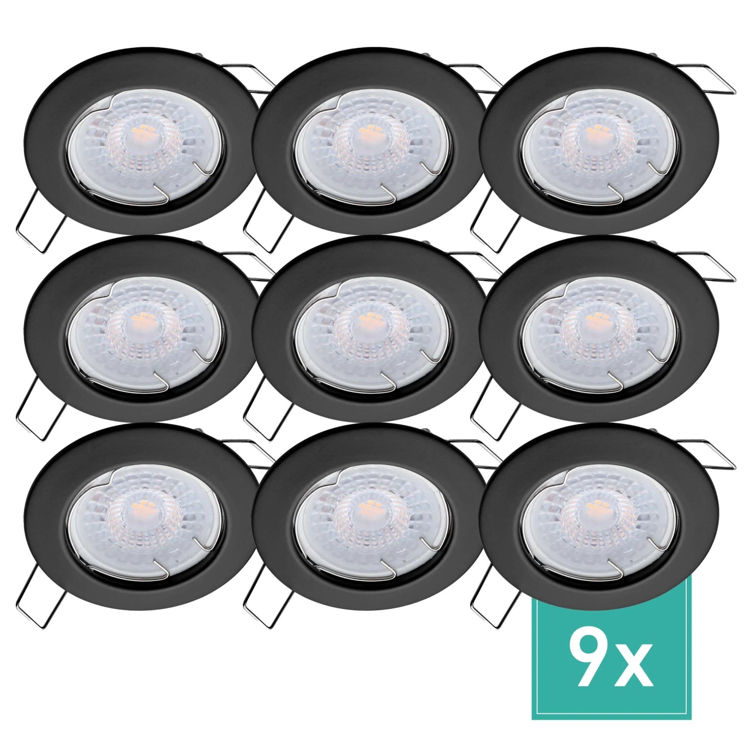 Oktaplex Sedan 9er Set LED-Einbaustrahler Rund Schwarz 4,8W Warmweiß 3000K 230V Flach Lochmaß 60 mm