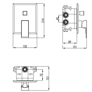 Technische Zeichnung: PaulGurkes Unterputz Duschsystem, eckige Duscharmatur mit Maßen.