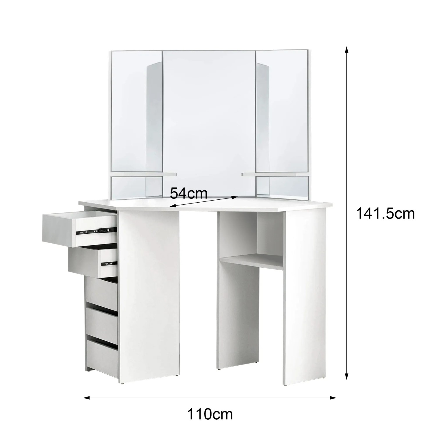 Weißer ML-Design Eckschminktisch mit 3 Spiegeln, Schubladen und Ablagefächern. Ideal für Schlaf- oder Kinderzimmer.