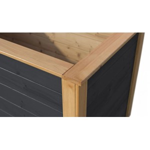 Detailansicht des GH Killarney HB 300 Anthrazit Holzhochbeets mit anthrazitfarbener Lasur und hellem Holzrahmen.