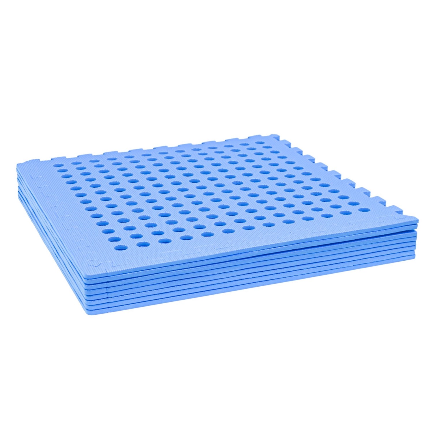 Blaues eyepower Poolmatte 8er Set (62x62cm) mit Löchern, gestapelt.