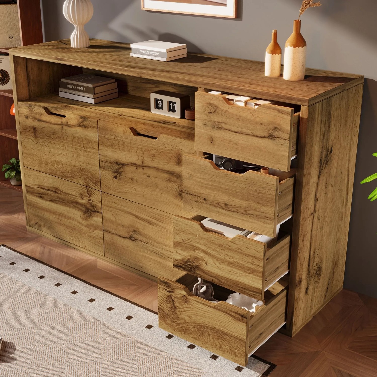 Merax Sideboard Eiche mit 4 offenen Schubladen, Schranktüren und Ablagefach für Wohnzimmer.