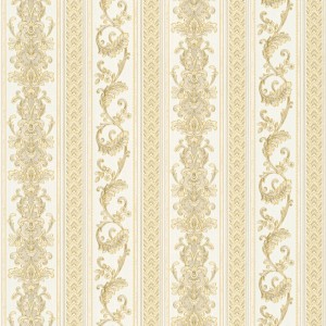 Elegante Barock Tapete in Creme, Weiß und Gold mit floralen Ornamenten und Streifen.
