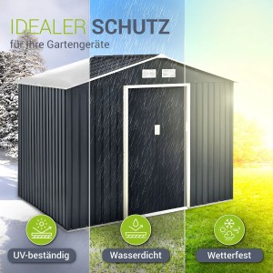 Anthrazitfarbener Juskys Metall Geräteschuppen XL mit Satteldach für den Garten.