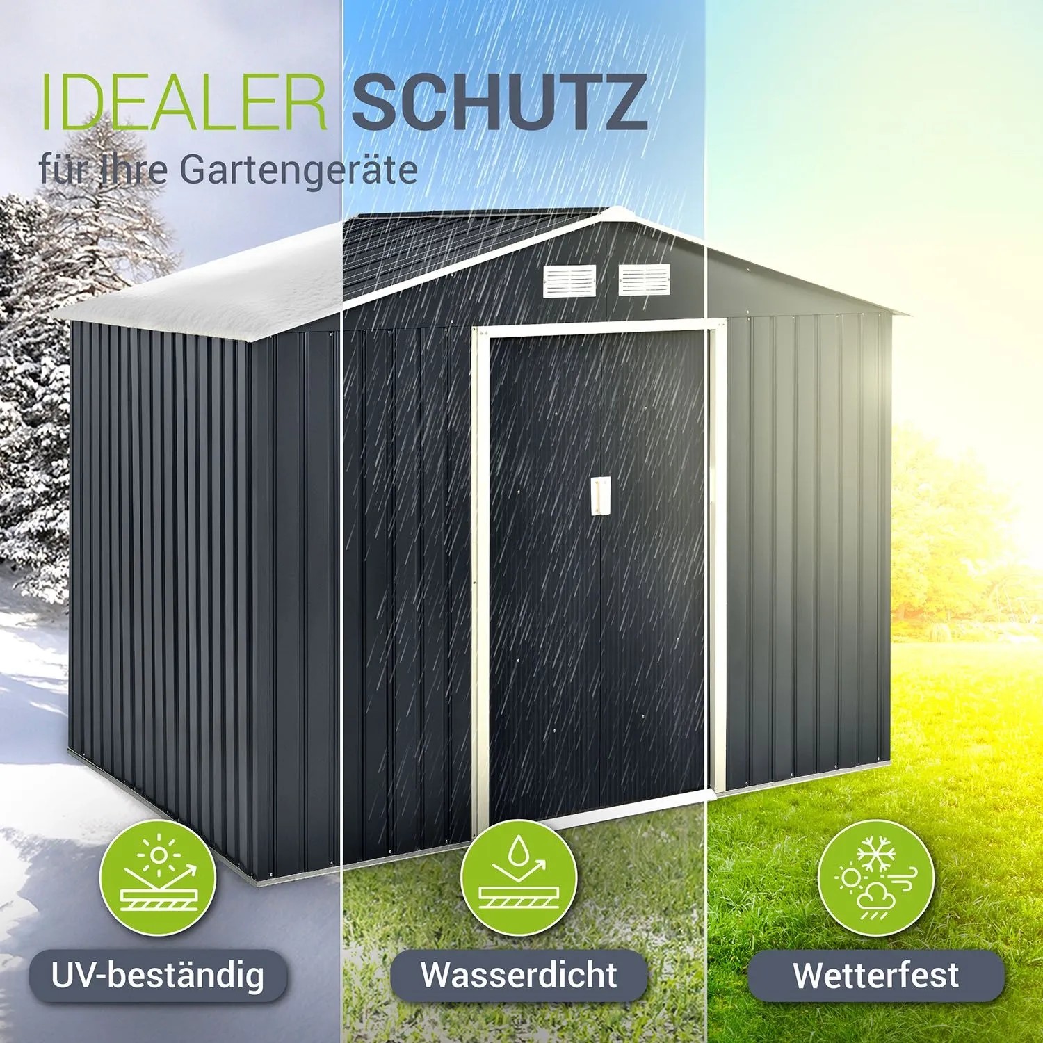 Anthrazitfarbener Juskys Metall Geräteschuppen XL mit Satteldach für den Garten.