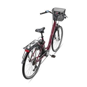 Telefunken City E-Bike RC822, 28 Zoll, Burgunderrot, mit Korb und Gepäckträger.