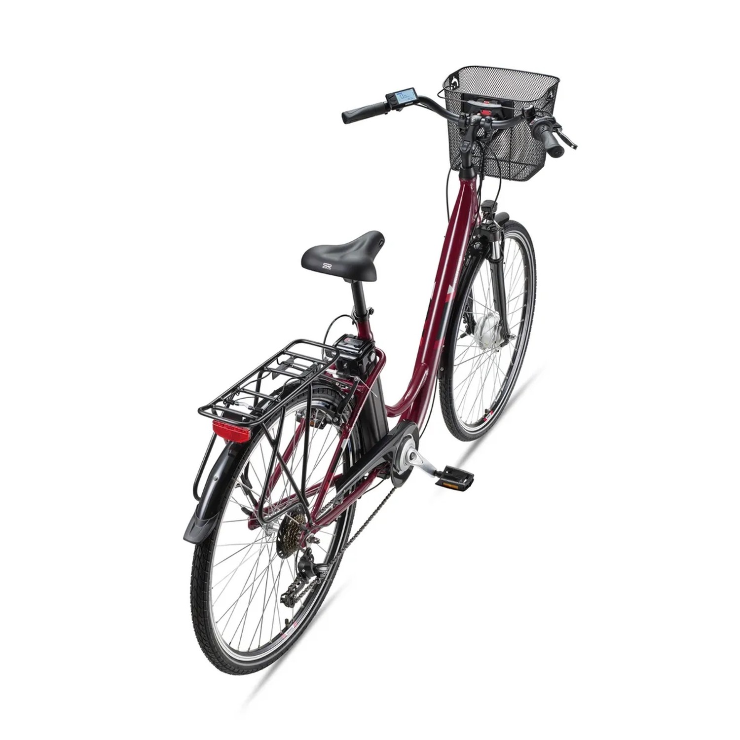 Telefunken City E-Bike RC822, 28 Zoll, Burgunderrot, mit Korb und Gepäckträger.
