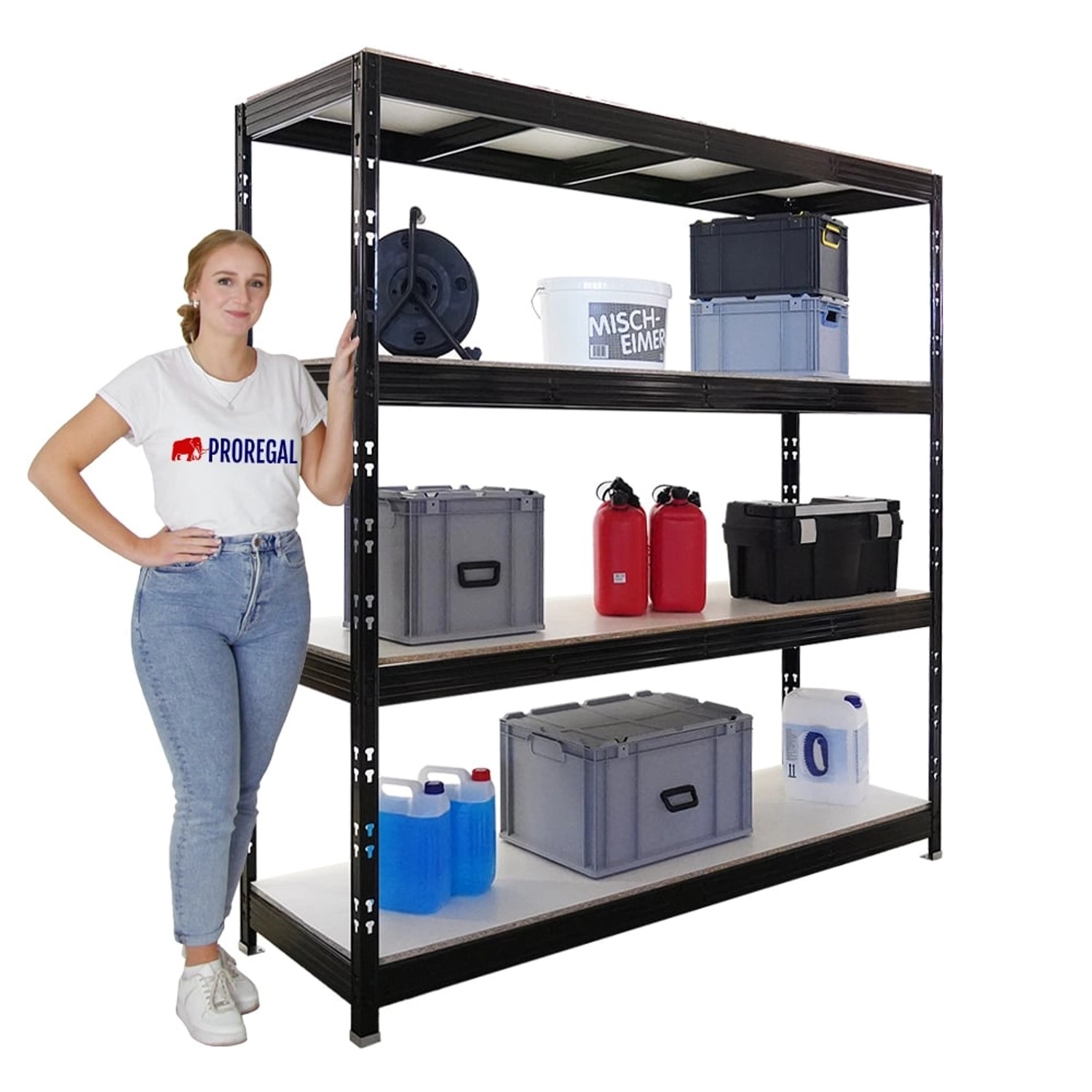 PROREGAL Profi Schwerlastregal Rhino HxBxT 200x200x60cm 4 Melamin-Ebenen 16mm Fachlast 500kg Schwarz Stecksystem Lagerregal Steckregal_2