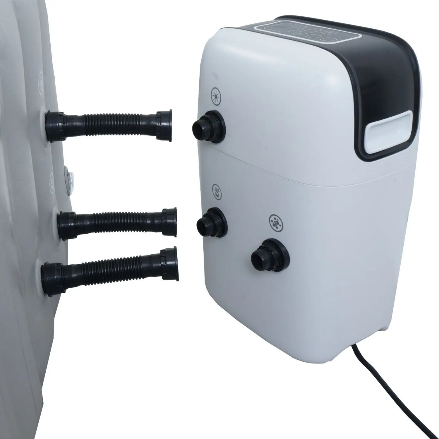 MCW Whirlpool N97: Aufblasbarer, eckiger Pool mit Heizung und Pumpe, verbunden durch Schläuche.