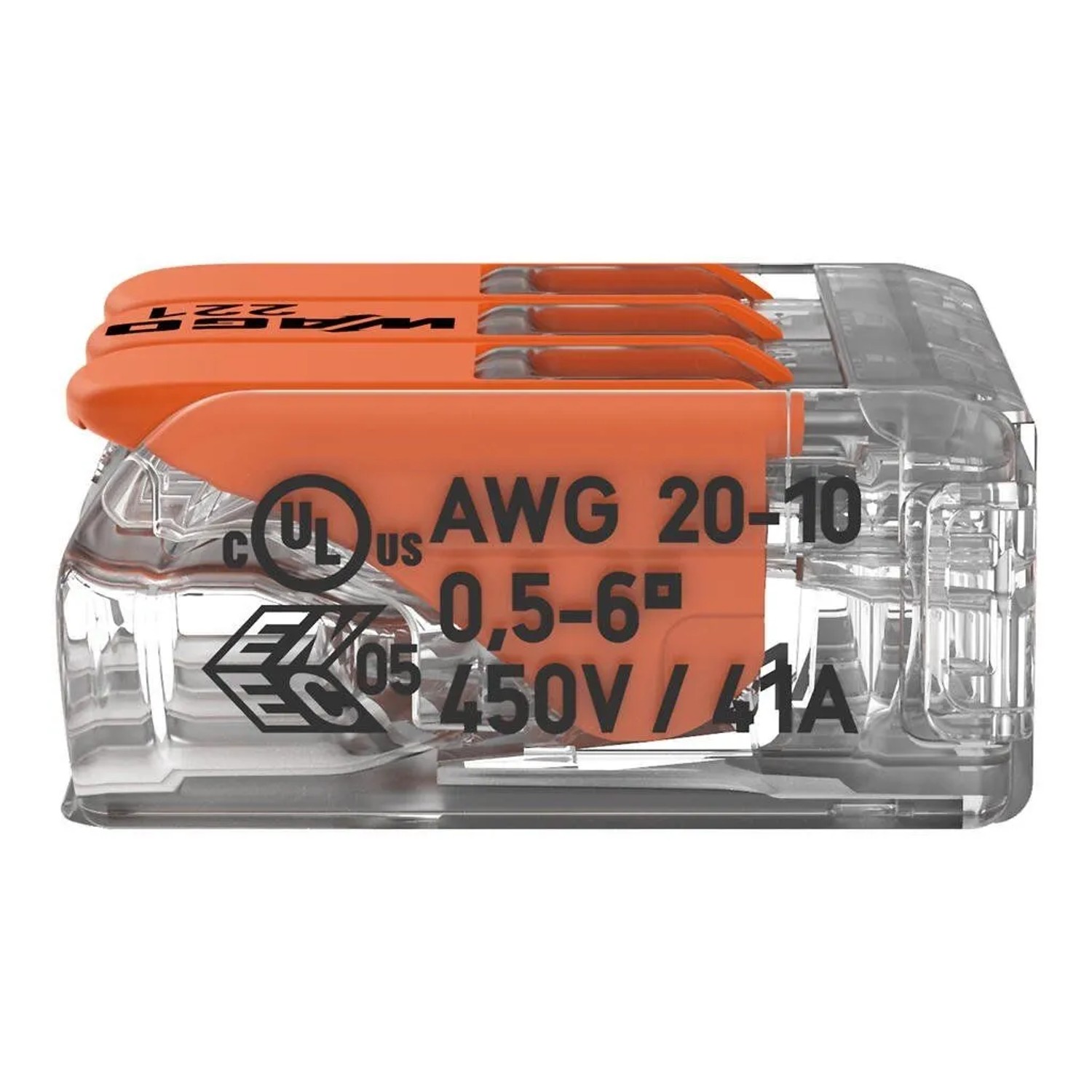 Wago Hebelklemme, 3-polig, für Leiter Ø 0,5-6mm², 5er-Pack, Verbindungsklemme mit orangefarbenen Hebeln.