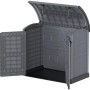 Geöffnete Duramax StoreAway ARC 1200L Universalbox in Anthrazit, ideal zur Gartenaufbewahrung.