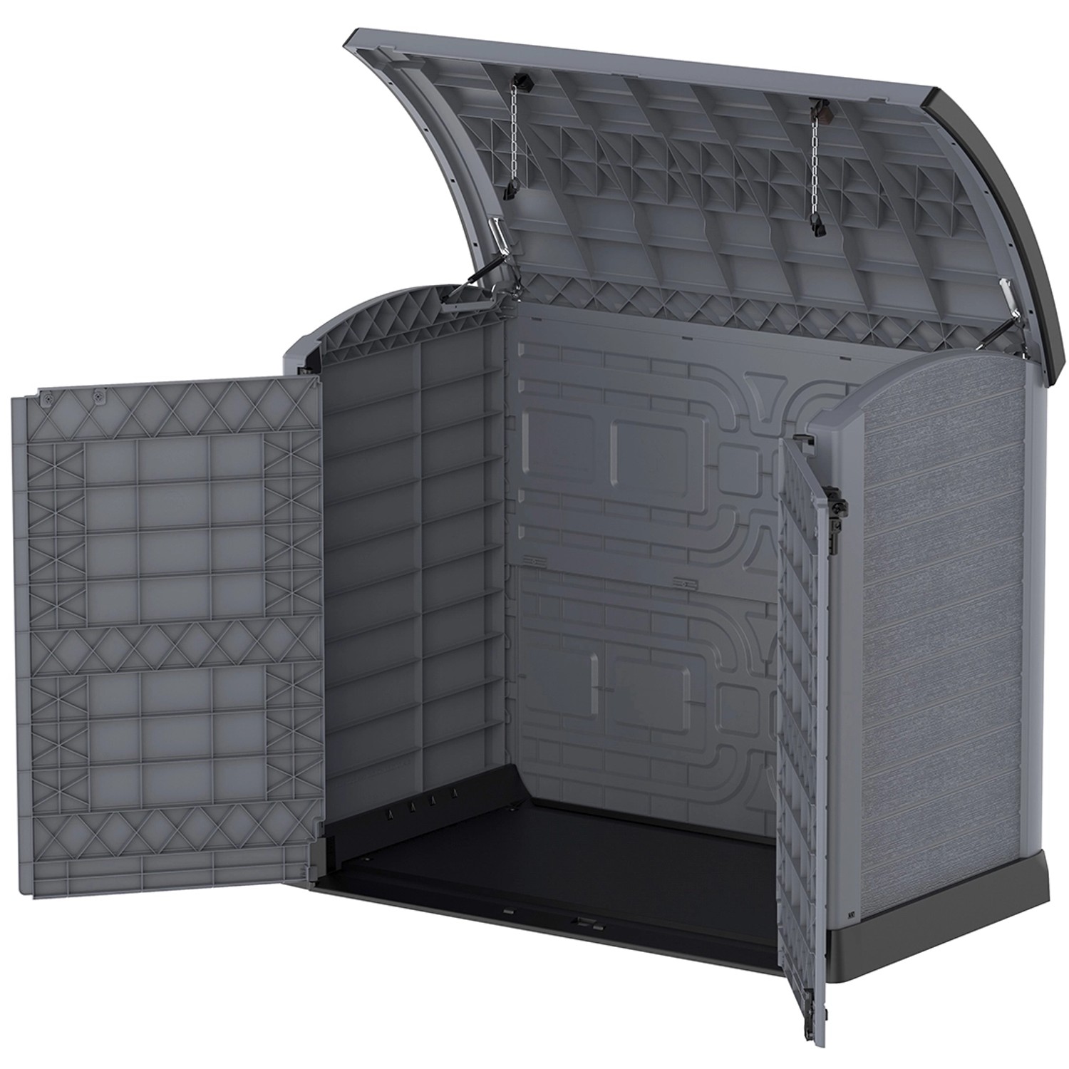 Geöffnete Duramax StoreAway ARC 1200L Universalbox in Anthrazit, ideal zur Gartenaufbewahrung.