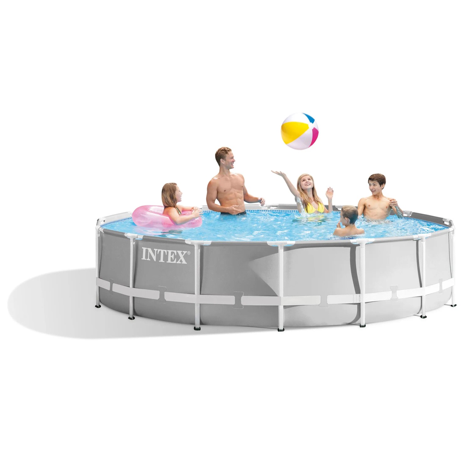 Grauer Intex Frame Pool mit Familie und Ball im Wasser, Durchmesser 427 cm.