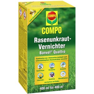 COMPO Rasenunkraut-Vernichter Banvel Quattro 400ml Packung zur Unkrautbekämpfung im Rasen.