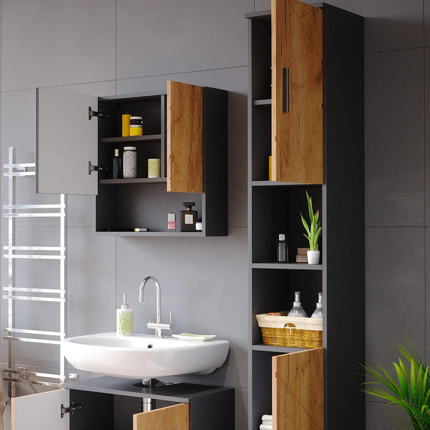 Vicco Badschrank Irma in Anthrazit/Goldkraft Eiche, 30x192 cm. Badregal mit Stauraum.