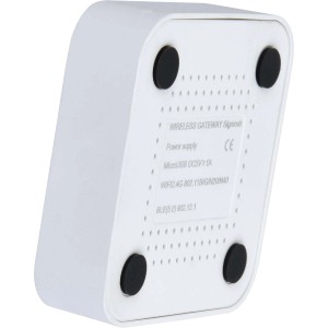 Lutec Access Box in Weiß, Detailansicht der Unterseite mit technischen Angaben und Gummifüßen.
