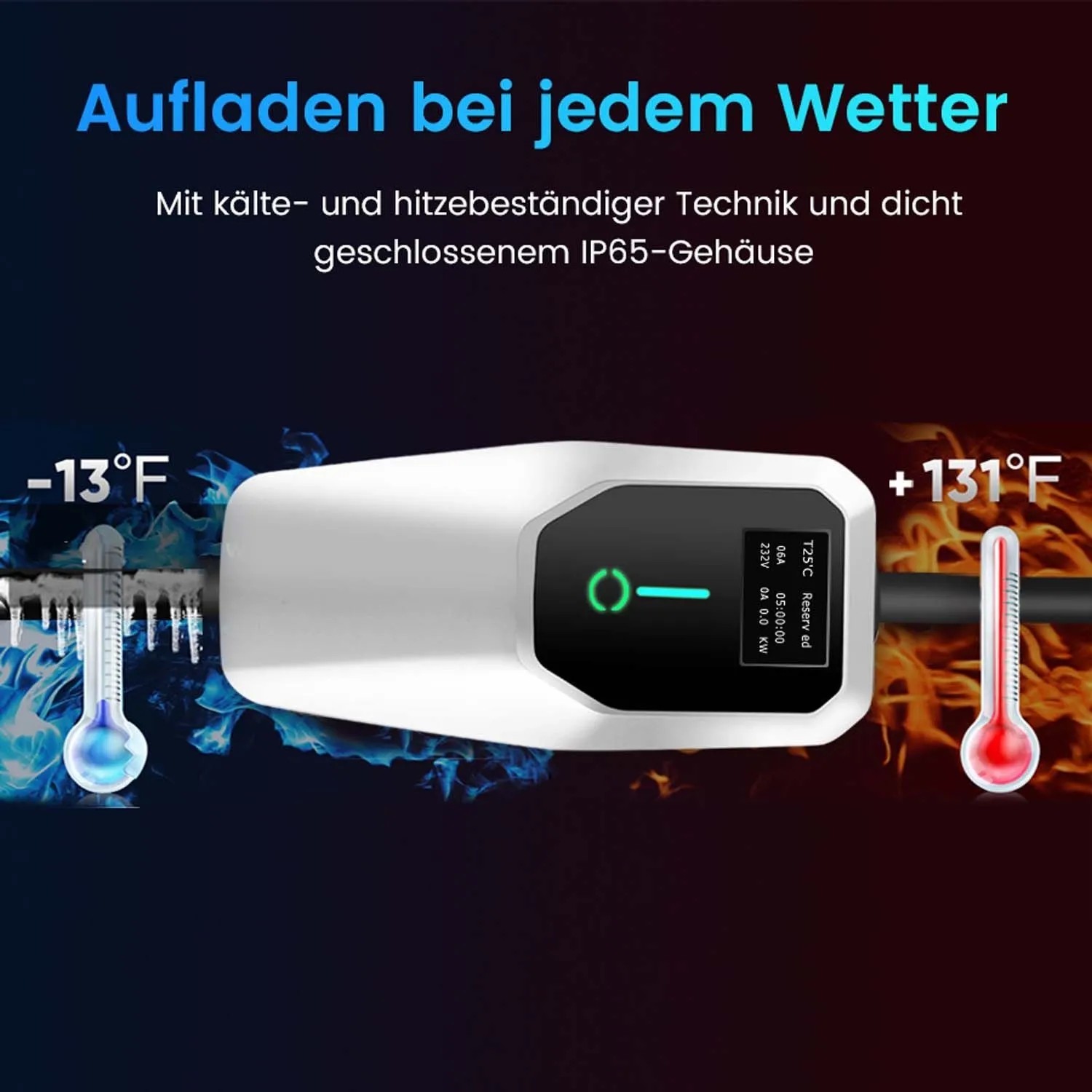 Junsun Mobile Wallbox EV Ladegerät 22kW, wetterfestes IP65-Gehäuse. Lädt zuverlässig bei Kälte und Hitze.