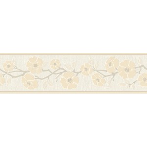 Selbstklebende A.S. Création Borte mit Blumenmuster in Beige und Gelb, 5 m x 17 cm.