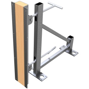 Schake Abschalstütze neigbar, silberfarben mit Kantholz für Bauarbeiten.