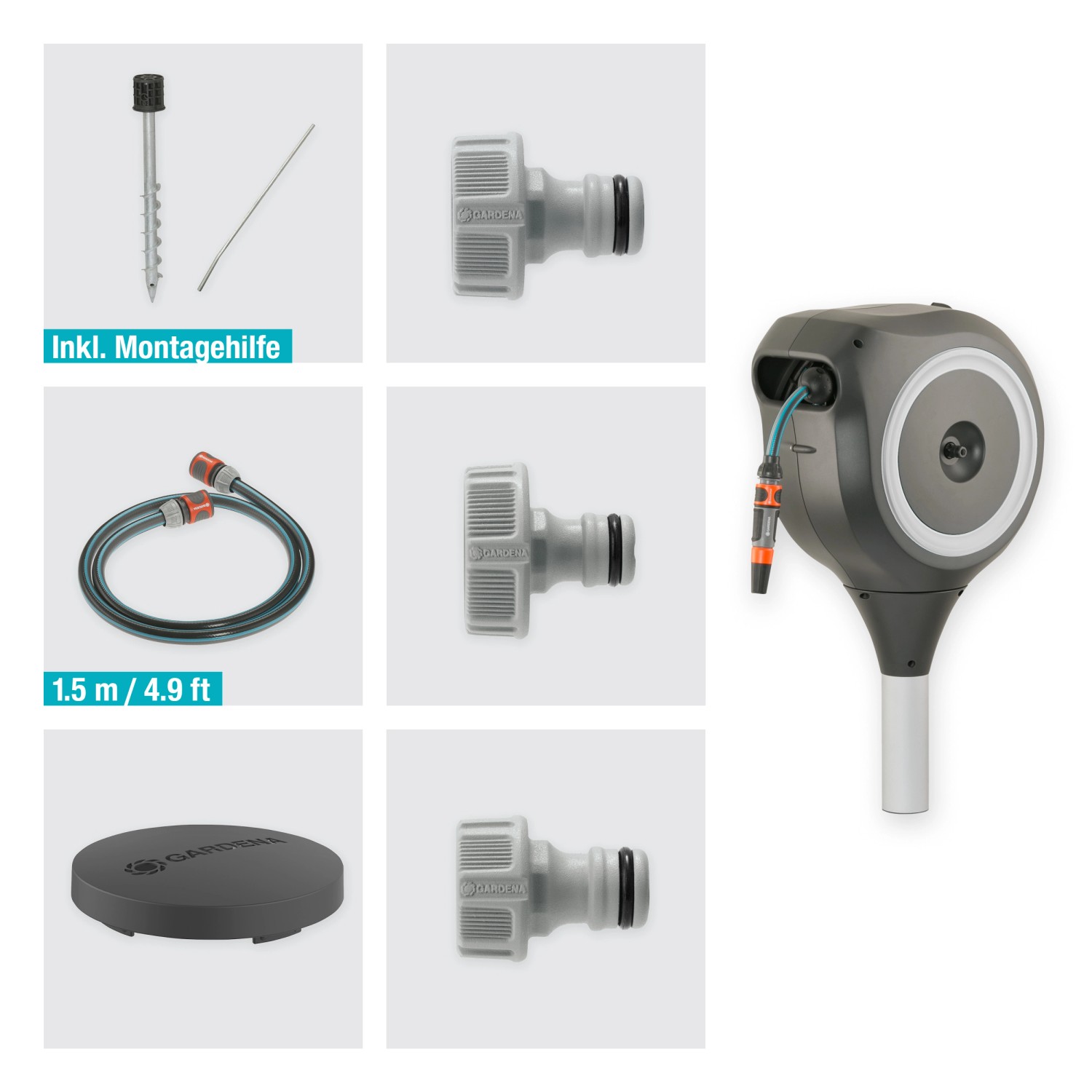 Gardena RollUp M Gartenschlauchbox 20m mit Zubehör und Erdspieß.