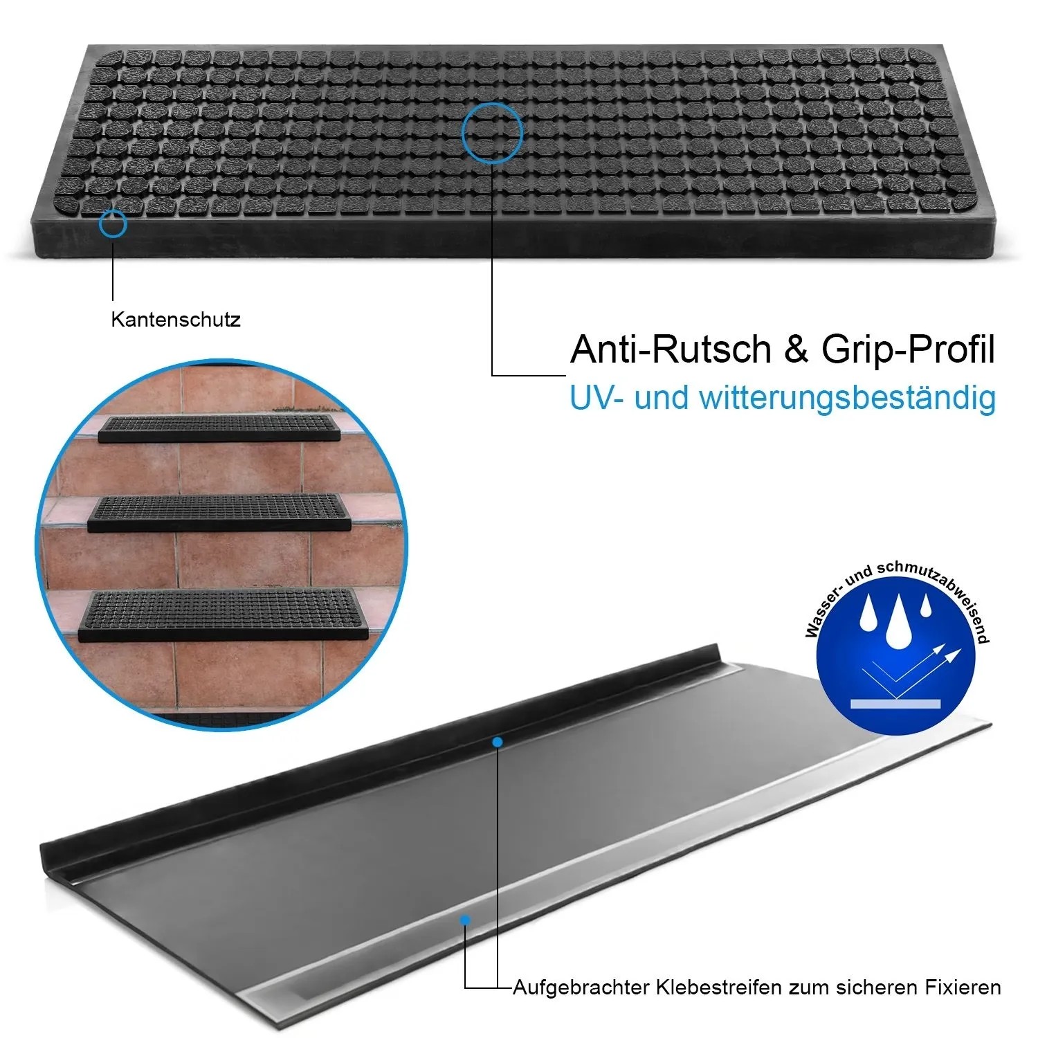 Schwarze Gummi Stufenmatte mit strukturiertem Anti-Rutsch-Profil und Kantenschutz. Für sichere Outdoor Treppen, wetterfest.