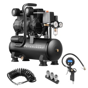 STAHLWERK Kompressor ST 110 Pro Set: Flüsterleiser Kompressor, Reifenfüller, Schlauch und Adapter für Druckluft.