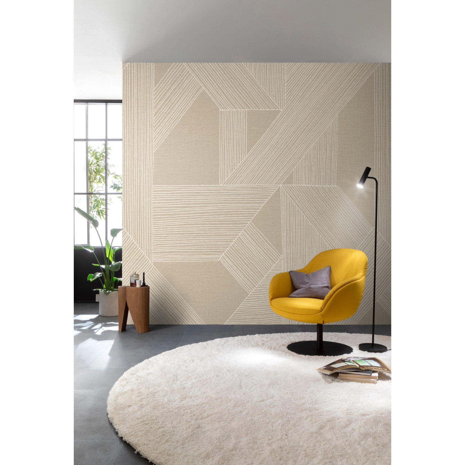 Schöner Wohnen Digitaltapete Grafik in Hellbeige mit geometrischem Rautenmuster im Wohnraum.