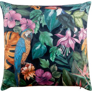 Gemustertes Kissen, 45x45 cm, mit tropischen Blumen, Tukan und Ara für Wohnzimmer & Schlafzimmer.