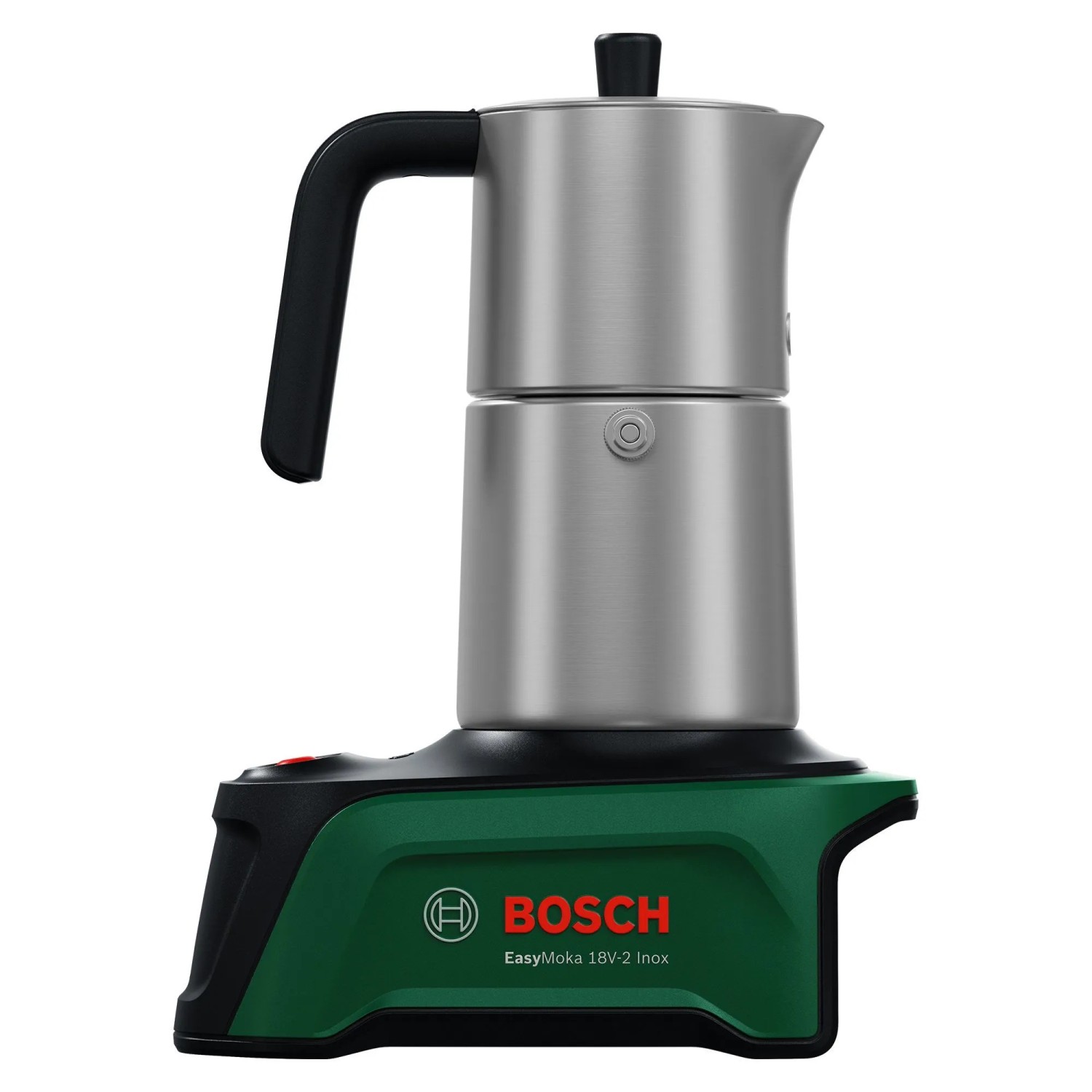 Bosch EasyMoka 18V-2 Inox Akku-Espressokocher aus Edelstahl mit grün-schwarzer Basis.
