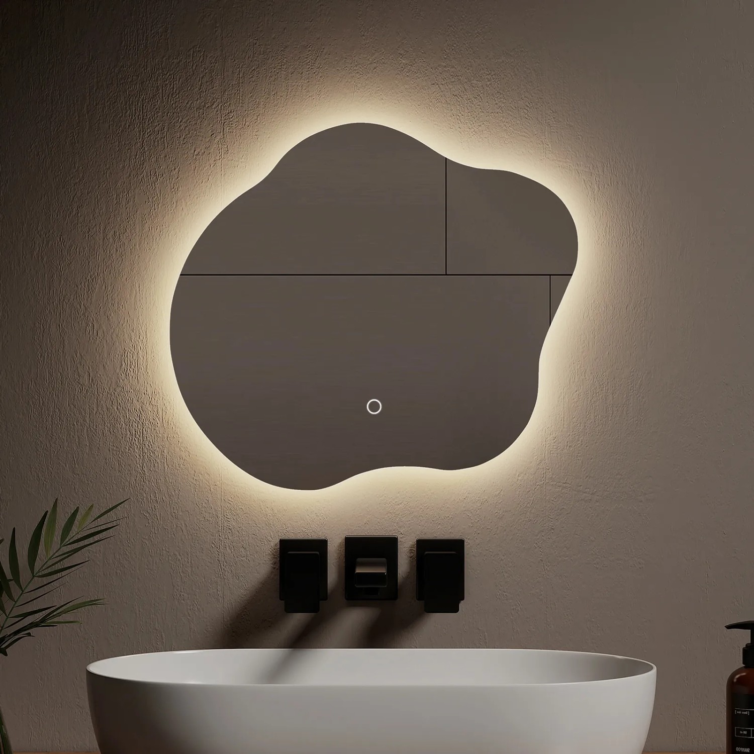 Asymmetrischer Emke LED-Badspiegel 50x45 cm mit Beleuchtung und Anti-Beschlag Funktion.