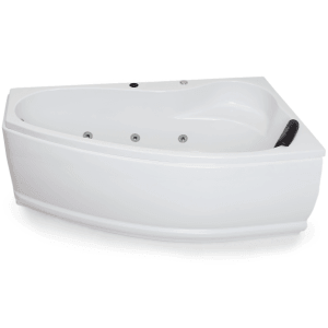Eck-Whirlpool Badewanne Formentera rechts, 160x90 cm, weiße Innenansicht mit Massagedüsen und Kopfstütze.