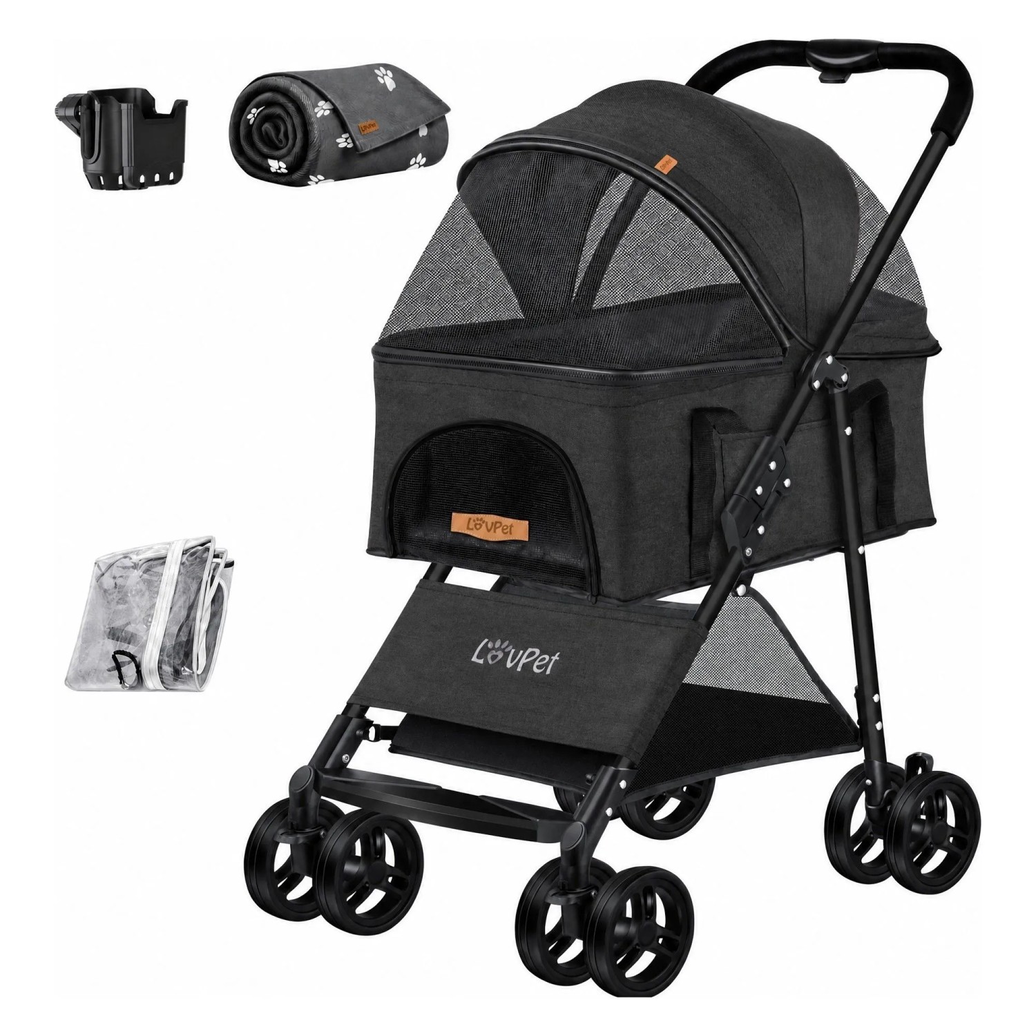 LOVPET Hundewagen 2in1 Hundebuggy Faltbar Bis 20 kg inkl. Netzfenster Anthrazit