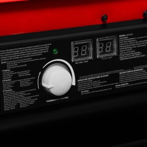 Detailaufnahme der EBERTH Heizkanone 30 kW: Bedienfeld mit Thermostat, Digitalanzeige und Hinweisen.