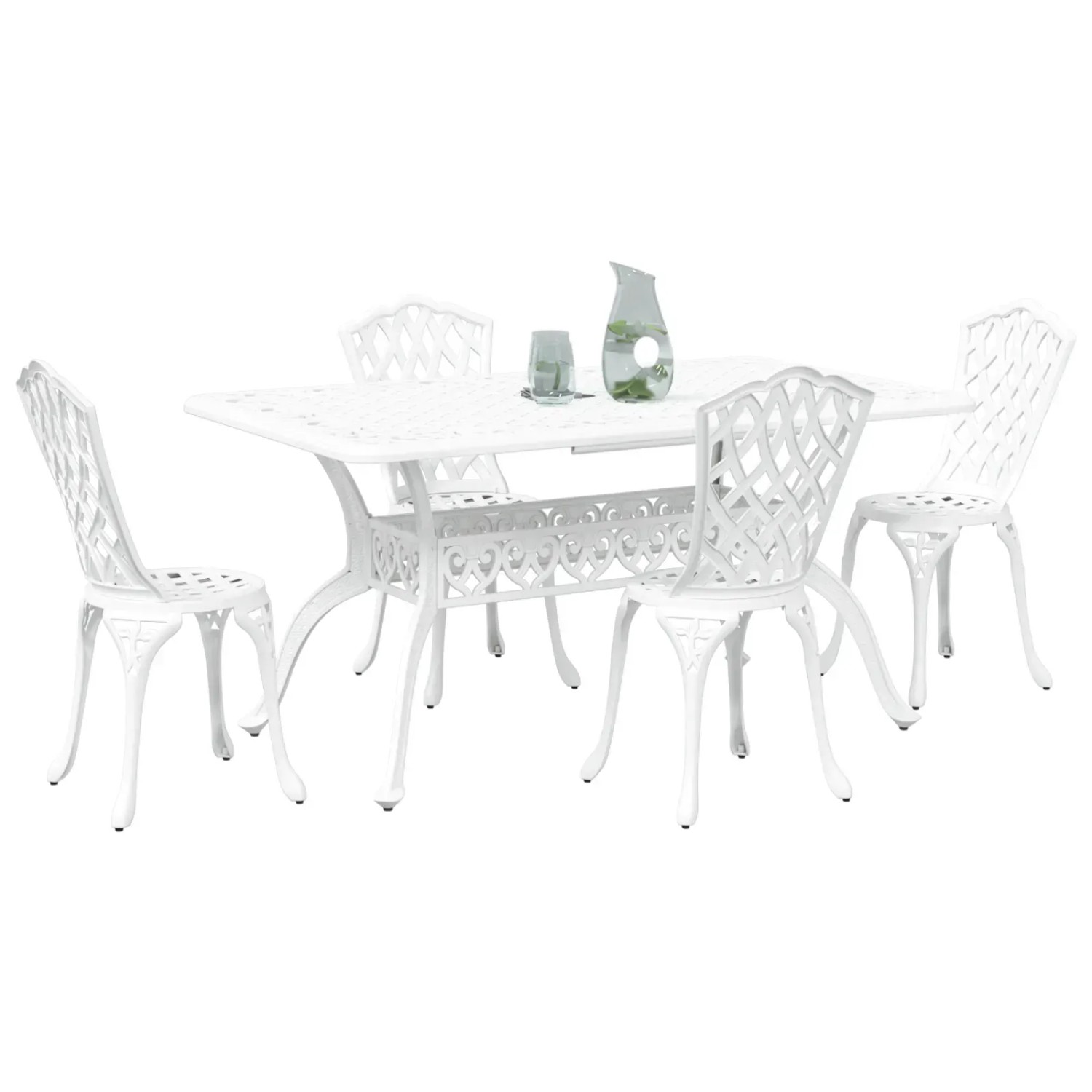 Weißes 5-tlg. vidaXL Garten-Essgruppe aus Aluminiumguss mit Tisch und Stühlen.