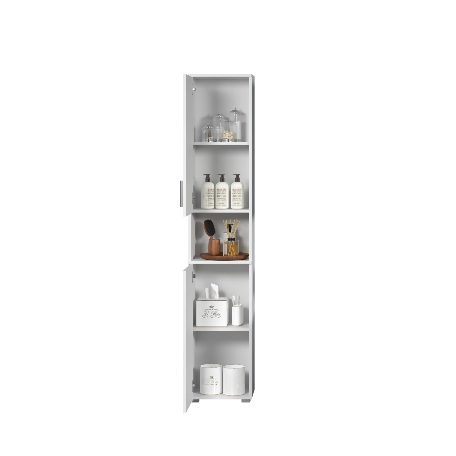 Offener, weißer Trendteam Hochschrank Wons, 37 cm breit, mit Badutensilien gefüllt.