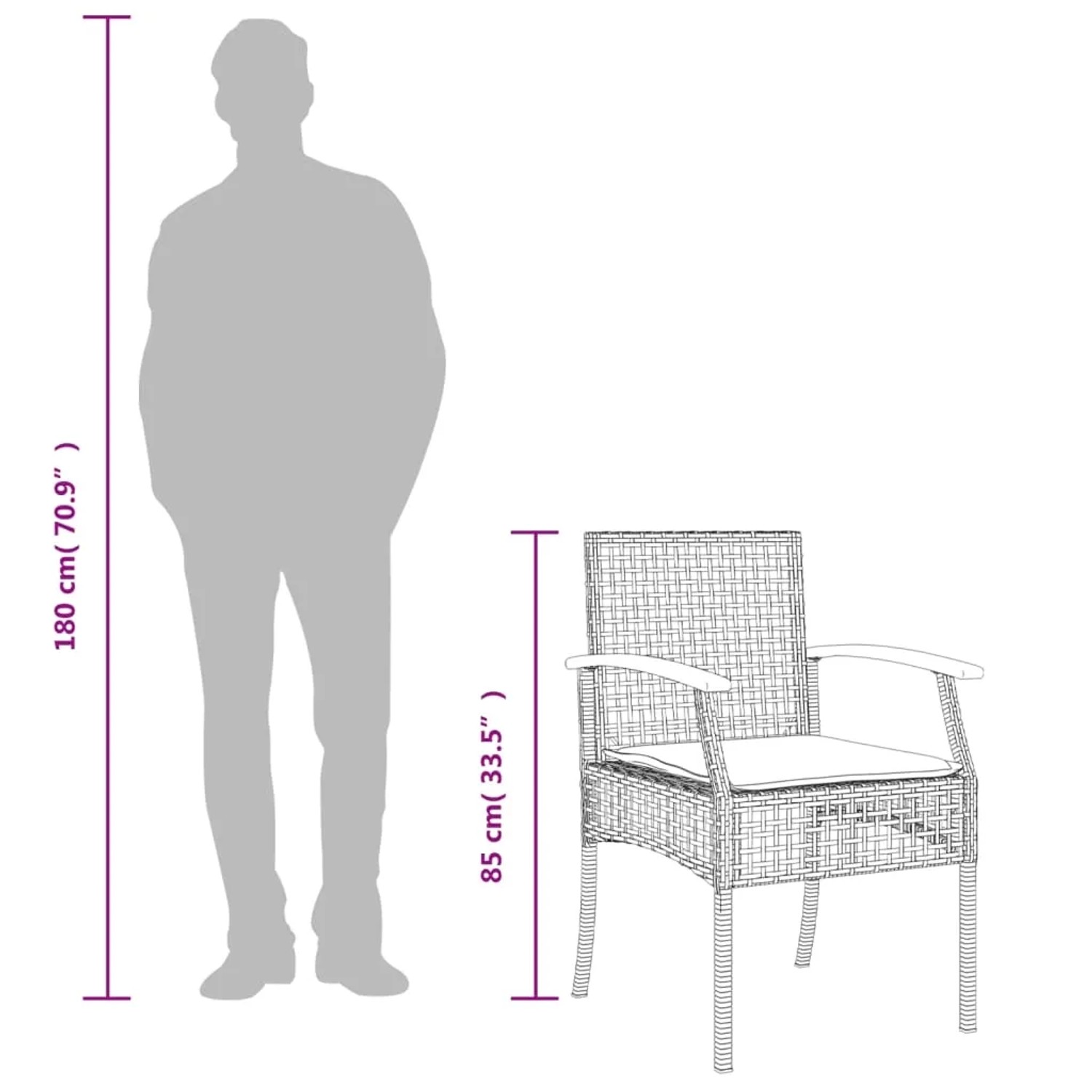 vidaXL Gartenstuhl, schwarz, Poly Rattan, mit Kissen, Maße und Größenangaben.