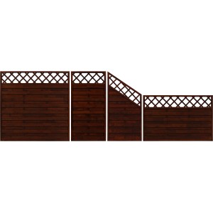 Braune, lasierte Sichtschutzzaun-Elemente Country mit Lattenzaun-Abschluss in verschiedenen Größen.