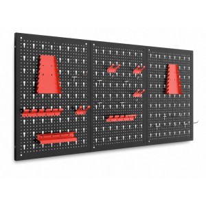 PROREGAL ARES Werkzeug Lochwand Set: 3 schwarze Metallplatten mit roten Haltern und Haken zur Werkzeugaufbewahrung.