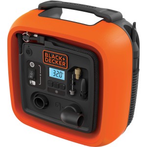 Black+Decker Luftpumpe ASI400 mit 12V Anschluss, tragbarer Kompressor in Orange und Schwarz.