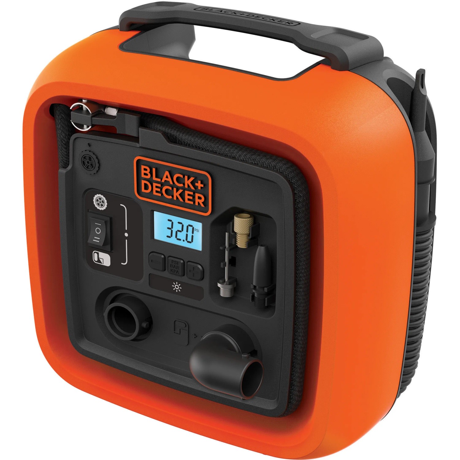 Black+Decker Luftpumpe ASI400 mit 12V Anschluss, tragbarer Kompressor in Orange und Schwarz.