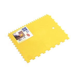 Gelber LUX Zahnspachtel 180 mm Classic mit vier Zahnungen für Maurer-, Fliesenlegerarbeiten.