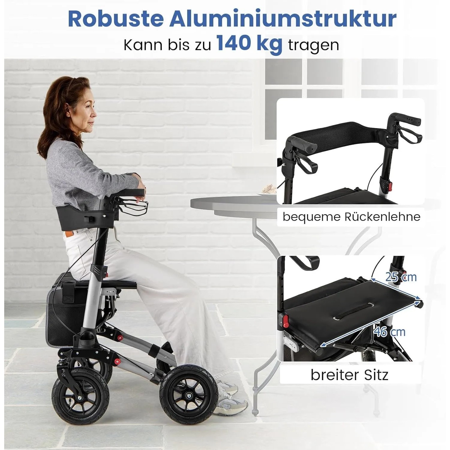 Costway Rollator mit Luftbereifung Faltbar 7-Fach Höhenverstellbar Silber_4