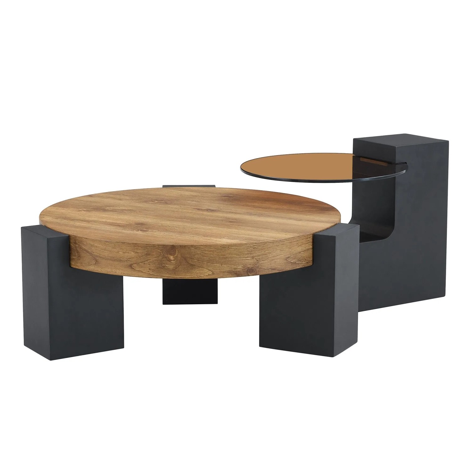 Okwish Beistelltisch Mit Zwei Ebenen Und Glasplatte Für Wohnzimmer 78x75x34 Cm Natur Schwarz
