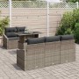 Graues 6-tlg. vidaXL Garten-Sofa-Set aus Poly Rattan mit Tisch und Auflagen.